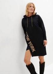 Sukienka dresowa z czystej bawełny organicznej. Czarne sukienki damskie bonprix, bez wzorów, z bawełny, eleganckie, bez kołnierzyka, bez ramiączek. Za 169.99 zł.