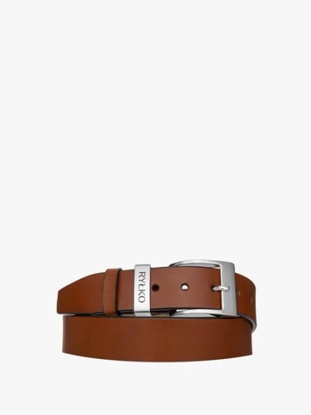 Rudy pasek męski z logotypem na klamrze. Brązowe paski męskie Ryłko, bez wzorów, ze skóry. W wyprzedaży za 79.99 zł.