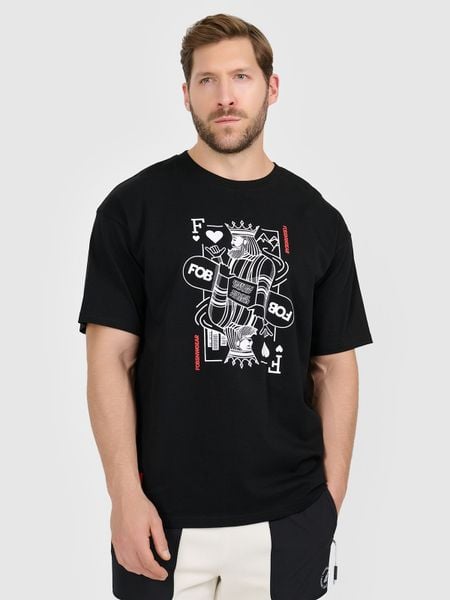 4F T-shirt loose z nadrukiem męski - czarny S. Czarne t-shirty męskie 4f, m, bez wzorów, z bawełny, bez kołnierzyka. Za 79.99 zł.