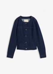 Kurtka dżinsowa ze sztrasami. Niebieskie kurtki damskie bonprix, bez wzorów, bez kaptura. Za 139.99 zł.