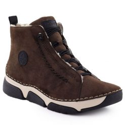 Botki damskie zamszowe brązowe Rieker 45912-25. Brązowe botki damskie Rieker, z nubiku, bez obcasa, bez zapięcia. Za 379.00 zł.