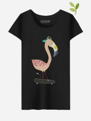 WOOOP Koszulka "Flamingo Skater" w kolorze czarnym rozmiar: M. Czarne bluzki damskie Wooop, m, bez wzorów, z bawełny, bez kołnierzyka, bez ramiączek. Za 70.41 zł.