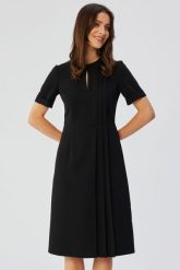 Elegancka sukienka midi z ozdobnymi zakładkami czarna. Czarne sukienki damskie Stylove, xl, bez wzorów, eleganckie, bez kołnierzyka, bez ramiączek, midi. Za 299.00 zł.