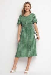 Zielona Sukienka z Bawełny Rozkloszowana w Kropki Toliennea. Zielone sukienki damskie Born2be, na co dzień, l, bez wzorów, z bawełny, eleganckie, bez kołnierzyka, bez ramiączek, midi, rozkloszowane. W wyprzedaży za 51.99 zł.