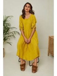 Fleur de Lin Lniana sukienka "Lantana" w kolorze żółtym rozmiar: L. Żółte sukienki damskie Fleur de Lin, l, bez wzorów, ze lnu, bez kołnierzyka, bez ramiączek, maxi, rozkloszowane. Za 166.88 zł.