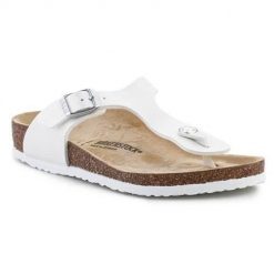 Klapki damskie Birkenstock Gizeh. Klapki damskie Birkenstock, bez wzorów, z materiału, bez obcasa. W wyprzedaży za 271.55 zł.