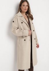 Beżowy Dwurzędowy Płaszcz z Paskiem Haleri. Brązowe płaszcze damskie Born2be, m, bez wzorów, eleganckie. Za 269.99 zł.