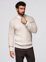 Elegancki sweter męski z ciekawym splotem – ecru V1 - Rozmiar: XXL. Swetry męskie Ombre Clothing, m, bez wzorów, z bawełny, bez kołnierzyka. W wyprzedaży za 125.99 zł.