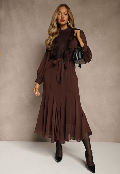 Brązowa Romantyczna Sukienka z Bufiastymi Rękawami i Falbanką z Koronki Sewmira. Brązowe sukienki damskie Renee, l, bez wzorów, z koronki, eleganckie, bez kołnierzyka, bez ramiączek, maxi. Za 179.99 zł.