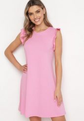 Jasnoróżowa Letnia Sukienka Bawełniana z Falbankami Wokół Ramion Sasare. Czerwone sukienki damskie Born2be, na lato, l, bez wzorów, z bawełny, bez kołnierzyka, bez ramiączek, mini, trapezowe. Za 44.99 zł.