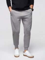 Męskie spodnie dresowe ze ściągaczem przy nogawce BASIC jogger - szare V8 - Rozmiar: M. Szare spodnie dresowe męskie Ombre Clothing, z aplikacjami, z bawełny. W wyprzedaży za 118.99 zł.