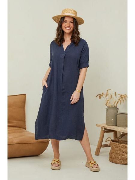 Curvy Lady Lniana sukienka w kolorze granatowym rozmiar: 40/42. Niebieskie sukienki damskie Curvy Lady, bez wzorów, ze lnu, klasyczne, bez kołnierzyka, bez ramiączek, midi. Za 162.49 zł.
