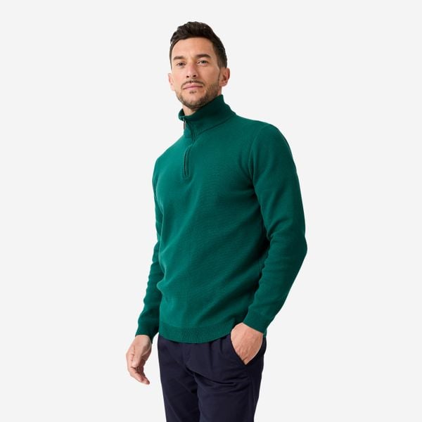 Sweter do golfa męski MW500 z półgolfem. Zielone kardigany męskie INESIS, l, bez wzorów, z bawełny, eleganckie, bez kołnierzyka. Za 159.99 zł.