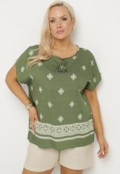 Ciemnozielona Bluzka ze Wzorem w Stylu Boho Frolzedi. Zielone bluzki damskie Born2be, xl, bez wzorów, z jeansu, boho, bez kołnierzyka, bez ramiączek. Za 44.99 zł.