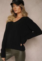 Czarny Sweter z Trójkątnym Dekoltem Vititana. Czarne swetry klasyczne damskie Renee, m, z jeansu, bez kołnierzyka. Za 109.99 zł.