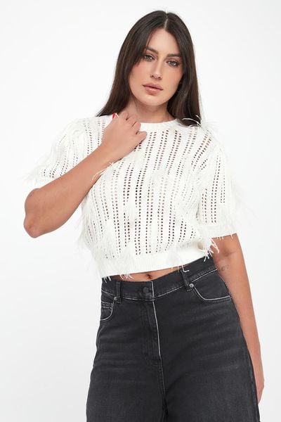 Sweter damski ażurowy z piórkami TWINSET. Swetry klasyczne damskie Twinset Milano, m, bez kołnierzyka. Za 1,079.00 zł.