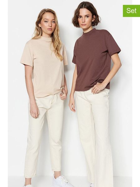 Trendyol Koszulki (2 szt.) w kolorze beżowym i ciemnobrązowym rozmiar: L. Brązowe t-shirty damskie Trendyol, l, bez wzorów, z bawełny, bez kołnierzyka. Za 81.95 zł.