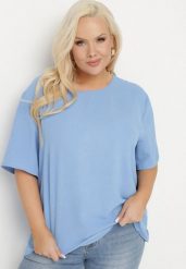 Niebieska Klasyczna Bluzka z Krótkim Rękawem Nilbia. Niebieskie bluzki damskie Born2be, plus size, bez wzorów, z jeansu, biznesowe, bez kołnierzyka, plus size, bez ramiączek. Za 19.99 zł.