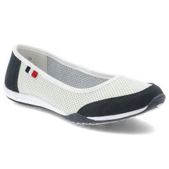 Baleriny damskie Filippo, skórzane na płaskiej podeszwie wsuwane i dziurkowane, biało-granatowe, DP142-25. Białe baleriny damskie Filippo, z aplikacjami, bez obcasa, na płaskiej podeszwie. Za 99.99 zł.
