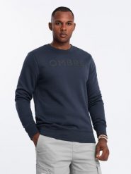 Klasyczna bluza dresowa męska z napisem – granatowa V3 OM-SSPS-0181 - XXL. Niebieskie bluzy bez kaptura męskie Ombre Clothing, l, z bawełny. Za 95.99 zł.