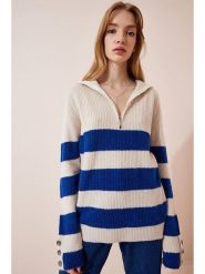 Happiness Istanbul Sweter w kolorze kremowo-niebieskim rozmiar: onesize. Brązowe golfy damskie Happiness Istanbul, bez wzorów, z wełny, bez ramiączek. Za 95.69 zł.