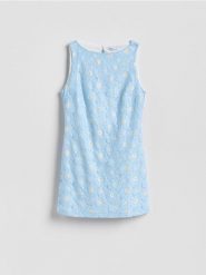 Sukienka mini w kwiaty - wielobarwny. Sukienki damskie Reserved, l, bez wzorów, z tkaniny, bez kołnierzyka, bez ramiączek, mini, dopasowane. Za 149.99 zł.