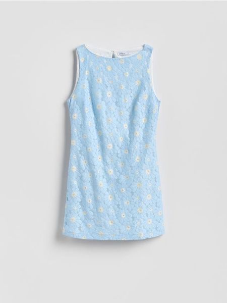 Sukienka mini w kwiaty - wielobarwny. Sukienki damskie Reserved, l, bez wzorów, z tkaniny, bez kołnierzyka, bez ramiączek, mini, dopasowane. Za 149.99 zł.