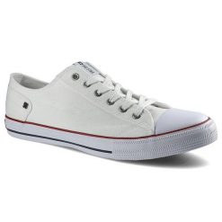 Trampki męskie Big Star, wykonane z materiału tekstylnego typu canvas i z klasycznym sznurowaniem gumowym noskiem, białe, DD174271. Białe szorty męskie Big Star, bez wzorów, z gumy, klasyczne. Za 93.99 zł.