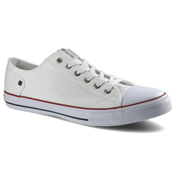Trampki męskie Big Star, wykonane z materiału tekstylnego typu canvas i z klasycznym sznurowaniem gumowym noskiem, białe, DD174271. Białe szorty męskie Big Star, bez wzorów, z gumy, bez zapięcia. Za 93.99 zł.