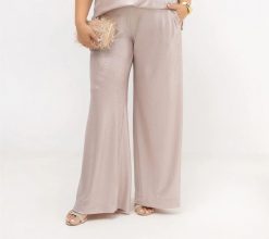 Eleganckie połyskujące spodnie damskie Asteria szerokie nogawki | PLUS SIZE OVERSIZE LATO. Spodnie materiałowe damskie Moda Size Plus Iwanek, bez wzorów, z elastanu, eleganckie, plus size. Za 219.90 zł.