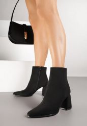 Czarne Botki na Słupku w Klasycznym Stylu Fesorra. Czarne botki damskie Renee, z jeansu, eleganckie, bez obcasa, na obcasie, bez zapięcia. Za 139.99 zł.