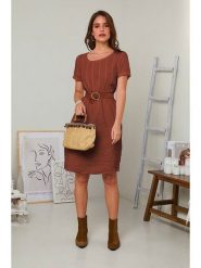 Rodier Lin Lniana sukienka w kolorze brązowym rozmiar: XL/XXL. Brązowe sukienki damskie Rodier Lin, na co dzień, xl, bez wzorów, ze lnu, bez kołnierzyka, bez ramiączek, mini, proste. Za 131.12 zł.