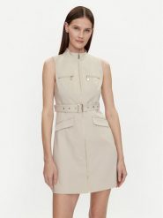 Morgan Sukienka codzienna 241-ROMEA Beżowy Slim Fit. Brązowe sukienki damskie Morgan, na co dzień, bez wzorów, z syntetyku, bez kołnierzyka, bez ramiączek, proste. Za 259.99 zł.