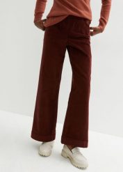 Szerokie spodnie sztruksowe ze stretchem, high-waist. Brązowe spodnie materiałowe damskie bonprix, bez wzorów, ze sztruksu, z podwyższonym stanem. Za 119.99 zł.