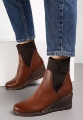 Brązowe Botki z Elastyczną Cholewką na Koturnie Touge. Brązowe botki damskie Renee, za kostkę, bez obcasa, na koturnie, bez zapięcia. Za 159.99 zł.