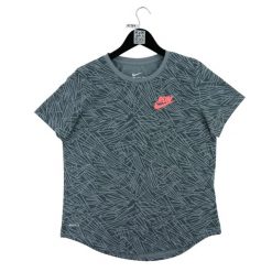 Nike koszulka damska z krótkim rękawem Dri-Fit. Szare bluzki sportowe damskie Nike, l, bez wzorów, z materiału, bez kołnierzyka. Za 85.16 zł.