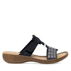 Klapki Rieker. Niebieskie klapki damskie Rieker, bez wzorów, bez obcasa. Za 289.99 zł.
