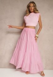 Różowa Rozkloszowana Spódnica z Bawełny z Wiązaniem i Gumką w Talii Miloreina. Czerwone spódniczki damskie Renee, na lato, bez wzorów, z bawełny, eleganckie, maxi, koszulowe. Za 79.99 zł.