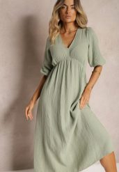 Ciemnozielona Sukienka z Bawełny Ozdobiona Wiązaniem i Gumką w Pasie Wlarina. Zielone sukienki damskie Renee, m, bez wzorów, z bawełny, bez kołnierzyka, bez ramiączek, maxi. Za 159.99 zł.