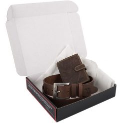 Zestaw prezentowy męski skórzany pasek portfel pudełko premium Beltimore Z54. Brązowe paski męskie bez wzorów. Za 100.99 zł.