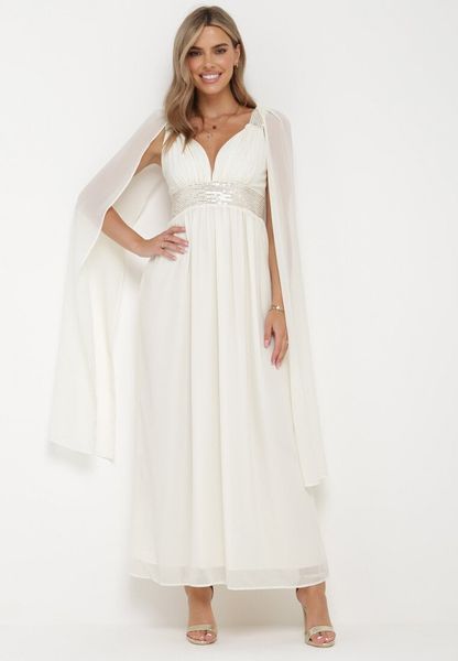 Beżowa Rozkloszowana Sukienka Maxi Zdobiona Cekinami z Trójkątnym Dekoltem Edusa. Brązowe sukienki damskie Born2be, na wesele, m, z aplikacjami, bez kołnierzyka, bez ramiączek, maxi, rozkloszowane. Za 149.99 zł.