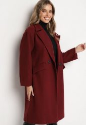 Bordowy Płaszcz Dwurzędowy Długi Swane. Czerwone płaszcze damskie Born2be, l, bez wzorów, eleganckie. Za 199.99 zł.