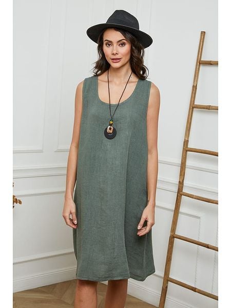 Fleur de Lin Lniana sukienka "Hemar" w kolorze khaki rozmiar: L. Brązowe sukienki damskie Fleur de Lin, na co dzień, l, bez wzorów, ze lnu, bez kołnierzyka, bez ramiączek, midi, proste. Za 136.45 zł.