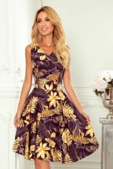 Sukienka Elegancka Rozkloszowana na Szerokich Ramiączkach - Liście. Czerwone sukienki damskie Numoco, l, bez wzorów, z elastanu, eleganckie, bez kołnierzyka, bez ramiączek, rozkloszowane. Za 254.90 zł.