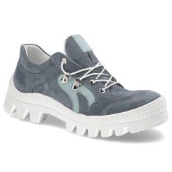 Półbuty damskie Kampa, zamszowa cholewka o miękkiej strukturze sportowe sznurowanie z metalowymi oczkami, niebieskie, N544. Niebieskie trapery damskie KAMPA, z zamszu, bez obcasa. Za 237.99 zł.