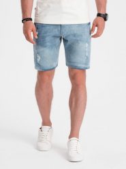Jeansowe krótkie spodenki męskie z dziurami – jasnoniebieskie V1 - Rozmiar: M. Niebieskie szorty męskie Ombre Clothing, z aplikacjami, z bawełny, klasyczne. W wyprzedaży za 39.99 zł.