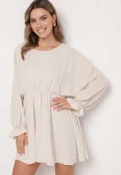 Jasnobeżowa Sukienka o Rozkloszowanym Kroju z Ozdobnymi Mankietami Terellea. Brązowe sukienki damskie Born2be, na co dzień, bez wzorów, z jeansu, eleganckie, bez kołnierzyka, bez ramiączek, mini, kopertowe. W wyprzedaży za 71.99 zł.