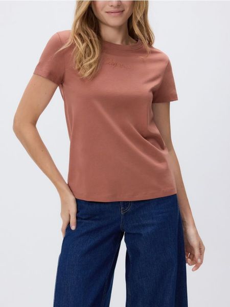 T-shirt z drobnym haftem - koralowy. Pomarańczowe t-shirty damskie Reserved, l, bez wzorów, z bawełny, bez kołnierzyka. W wyprzedaży za 15.99 zł.