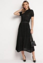 Czarna Spódnica z Ozdobnym Tłoczeniem Błyszczącą Nicią i Gumką w Pasie Pirlena. Czarne spódniczki damskie Born2be, m, bez wzorów, eleganckie, midi. Za 119.99 zł.