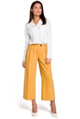 Żółte Eleganckie Spodnie Kuloty w Kant. Żółte spodnie materiałowe damskie MOE, bez wzorów, z elastanu, eleganckie. Za 223.90 zł.